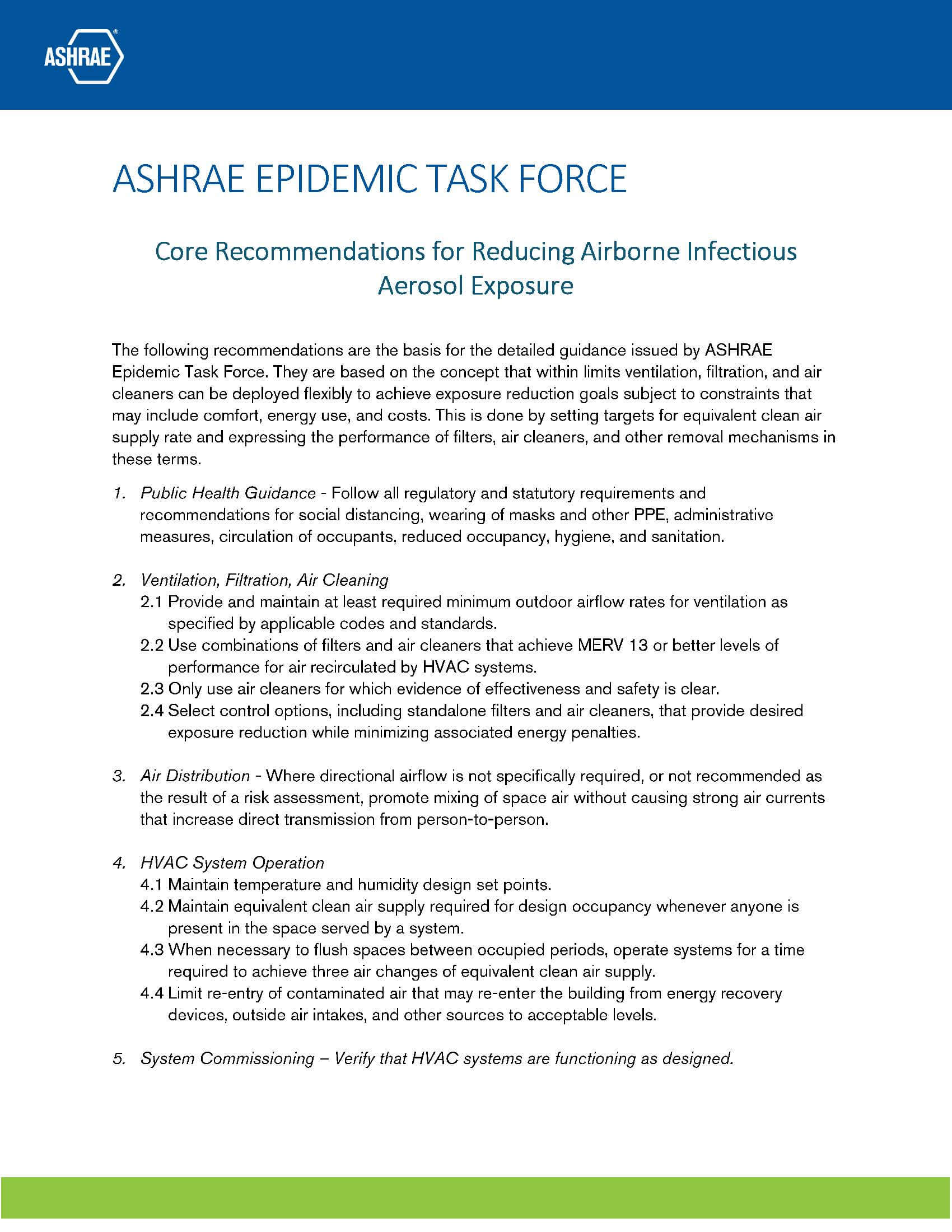 ASHRAE Core Recommendations for COVID-19